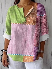 billige Kvinne Striper &amp; Geometriske Topper-Kvinnenes bomullslin skjorte grafisk geometrisk fargeblokk vintage tropisk hawaiiansk langermet V-hals vanlig topper daglig ferie strandbruk lappverk knapper print rosa grønn sommer vår