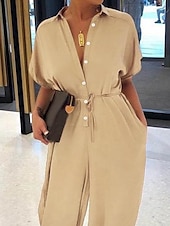 preiswerte Urlaubsoverall-Frauen Jumpsuit Aktiv Leopard Halbarm Hemd Kragen Hoch geschnitten Urlaub Täglich Regelmäßiger Schnitt Schwarz Braun Khaki Sommer