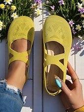 billige Flate sko til kvinner-strikkede, kryssreimer for kvinner med bred passform mary jane flats – lette flystrikkede barfotsko for våren og daglig bruk