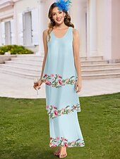 abordables Longueur du plancher-Robe Florale A-Ligne Mère de la Mariée Bleue Verte Élégante Grande Taille Col Bijou Longueur de Sol Chiffon Sans Manches avec Broderie en Niveaux Volants Cascades