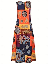 billiga Boho klänningar-Dam Maxiklänning A linjeklänning Sommarklänning Semester Ledigt Boho Dagligen Helgdag Lös passning Blommig Grafisk Färgblock Ärmlös V-hals Rubinrött Orange Sommar
