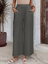 economico Pantaloni in lino e cotone semplici-Pantaloni chinos baggy a gamba larga da donna in tinta unita stile etnico basic casual lunghezza intera vita alta tinta unita tasca vita elastica comfort outdoor micro-elastici vacanza street