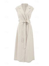 abordables concevoir des robes en coton et lin-Femmes Robe Midi Robe Chemise Robe en coton et lin Moderne Quotidien Sortir Week-end Coupe régulière Uni Sans manches Col de chemise Kaki Été
