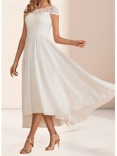 cheap Wedding Dresses-Engagement Little White Dresses Wedding Dresses A-Line Boat Neck Regular Straps Asymmetrical Chiffon Bridal Gowns With Pleats Ruched