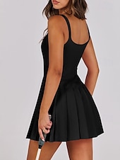 cheap Women&#039;s Tennis Dress-US Open Women&#039;s Tennis Dress with Shorts Sports Dress Sleeveless Pleated Breathable Tennis Golf Pickleball Square Neck Solid Colored Dress Black Blue Dark Green Tennis Clothing