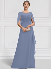 economico Lunghezza del pavimento-Abito per la Madre della Sposa A-Line Blu Verde Elegante Collo a Giro Lunghezza Piena Chiffon Maniche Corte Giacca con Ricamo in Pizzo