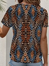 billige Dyrene tee-Dame T skjorte Grafisk Leopard Årgang Stilfull Fritid Kortermet Crew-hals Rund hals Vanlige topper Daglig Trykt mønster Blå Sommer Vår