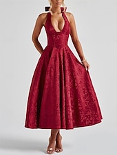 ieftine Casual / Nuntă de zi-Rochie A-line Rochie Jacquard Rochie Semi-formală Rochie cocktail Lungime midi Fără mâneci Guler halter Fundiță Spate descoperit cu detaliu cu dantelă Rochie pentru invitați la nuntă