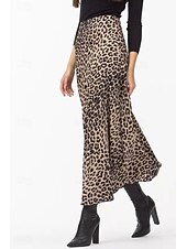 ieftine Fuste grafice-Pentru femei Fustă Casual Maxi Talie Medie Fuste Leopard Imprimeu Micro-elastic Vacanță Stradă Alb Maro Bej Vară Mătase ca satinul