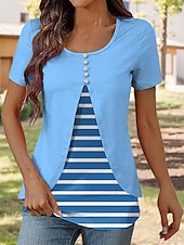 billige Stripe og geometrisk t-skjorte-Dame T skjorte Blomstret Grafisk Elegant Årgang Stilfull Kortermet Crew-hals Rund hals Vanlige topper Daglig Ut på byen Lapper Knapper Lag-på-lag Rosa Blå Lilla Sommer Vår