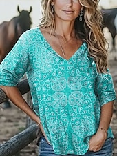 abordables Tops Boho pour Femmes-Femmes Chemisier Fleuri Graphique Élégant Occasionnel Manche 3/4 Demi Manches Col en V Hauts Réguliers Quotidien Jaune Rouge Bleu Violet Été Printemps