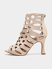 billige Sko til latindans-beige rhinestone latinske dansehæler med snøring for kvinner – pustende mesh peep toe performance sko for ballsaltrening