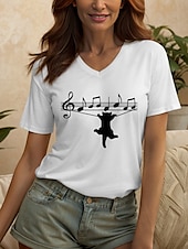 abordables T-shirt Humor &amp; Citations-Femmes Chemisier Graphique Chat Lettre ancien Élégant Classique Manche Courte Col en V Hauts Réguliers Quotidien Sortir Tenue de plage Imprimé Noir Blanche Été Printemps
