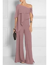 abordables Combinaisons pour maman-Combinaisons invitée de mariage élégante robe de mariage formelle fête longueur du sol manches courtes épaules dénudées automne invité de mariage chiffon avec volants 2025 taille sur mesure gratuite