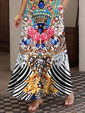 billiga Boho klänningar-Dam Maxiklänning A linjeklänning Sommarklänning Off Shoulder Klänning Semester Ledigt Fest Datum Normal Blommig Grafisk Stam Ärmlös Fyrkantig hals Blå Sommar Vår