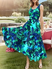 preiswerte Blumenkleider-Damen Midikleid Sommerkleid A Linie Kleid Schulterfreies Kleid Urlaub Party Geburtstag Outdoor Party Ausgehen Standard Passform Blumen Grafik Ärmellos U-Ausschnitt Meerblau Rote Himmelblau Sommer