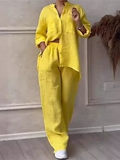 abordables Ensembles-Femmes Mode Streetwear Ensembles en coton et lin Ensembles deux pièces Ensembles de Pantalons manche longue Col montant Uni Tenue quotidienne Date Blanche Jaune Rose Claire Été Coupe régulière