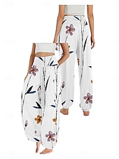 economico Pantaloni-Per donna Pantaloni ispirati al lino Gamba larga Pantaloni Stile Etnico Casual Boho Lunghezza intera Vita Alta Floreale Foglia Tropicale Tasca Elastico in vita Stampa Traspirabilità Morbido