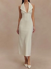 levne Koktejlové šaty-Tuxedo Šaty Přiléhavé  Sloupec Koktejlové Šaty Elegantní Poloneformální Svatební Čajová Délka Bez Rukávu V Krku Stretch Krepa