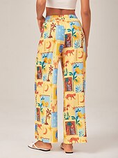 economico Pantaloni-pantaloni a gamba larga con collage tropicale