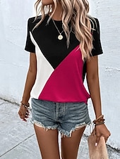 abordables T-shirt rayé et géométrique-Femmes Chemisier Géométrique Occasionnel Chaussures de plage Manche Courte Col ras du cou Hauts Réguliers Quotidien Imprimé Rose Claire Fuchsia Vert Gris Été Printemps
