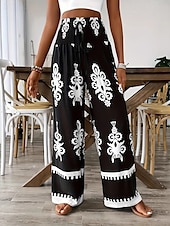cheap Wide Leg &amp; High Waisted-Women&#039;s Slacks Pants Trousers Casual Full Length Natural Flower Printing Comfy Outdoor Street Daily Wear Black Blue Green Summer Regular Fit