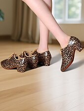 abordables Chaussures de danses latines-Chaussures de danse latine à lacets et imprimé léopard pour femmes – Chaussures d&#039;entraînement à talon bas pour adultes et événements sociaux