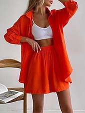 abordables Ensembles-Femmes Mode Streetwear Ensembles en coton et lin Ensembles deux pièces Ensembles de Shorts Manche Courte Col de chemise Uni Tenue quotidienne Date Blanche Bleu Orange Été Coupe régulière