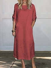 economico Camicie-Maxi abito da donna abito a linea abito estivo in lino casual quotidiano vestibilità regolare grafico semplice maniche 3/4 collo rotondo nero bianco rosso blu estate