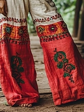 billiga breda ben och hög midja-Kvinnors bohemiska byxor vida ben chinos semester vintage etnisk stil hel längd hög midja blommig grafik ficka elastisk midjeband tryck bekväm mjuk komfortabel micro-elastisk utomhus gata