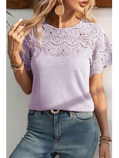 abordables Hauts en dentelle-Femmes Chemisier Hauts en dentelle Uni Occasionnel Manche Courte Col ras du cou Hauts Réguliers Quotidien Fête Sortir Dentelle Noir Blanche Violet Été