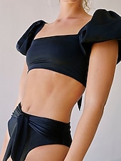 abordables Ensemble de bikinis-Femmes Maillots de Bain Bikini 2 pièces Maillot de bain Dos nu Tropical Tenues de plage Uni Col en U Manches courtes Maillots de bain
