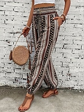 preiswerte weites Bein und hohe Taille-Damen Jogginghose Hosen Hose Urlaub Boho Volle Länge Mittlere Taille Geometrisch Elastischer Bund Atmungsaktiv Bequem Mikroelastisch Straße Alltagskleidung Ausgehen Dunkelbraun Weiß Rot Dunkelgrün