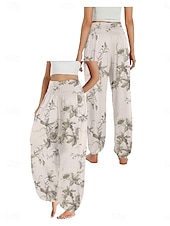 billiga Grafisk linnebyxa i bomull-Dam Linneinspirerade byxor Brett skaft Byxor Etnisk Stil Ledigt Boho Fullängd Hög midja Blommig Ficka Elastisk midja Tryck Mateial som andas Mjuk Microelastisk Utomhus Yoga Vit Gul Rosa Purpur Sommar