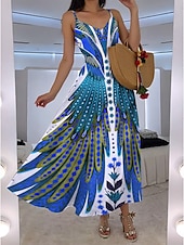cheap Boho Dress-Women&#039;s Maxi Dress A Line Dress Slip Dress Vacation Casual Boho Going out Beach Regular Fit Floral Graphic Feather Sleeveless V Neck Blue Orange Green Rose Pink Summer Spring