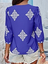baratos Tops Boho Femininos-Mulheres Blusa Geométrica Boêmia Casual Manga 3/4 Manga Princesa Decote V Tops regulares Diário Imprimir Rosa Azul Marinha Roxo Verde Verão Primavera