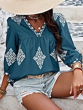 baratos Tops Boho Femininos-Mulheres Blusa Geométrica Boêmia Casual Manga 3/4 Manga Princesa Decote V Tops regulares Diário Imprimir Rosa Azul Marinha Roxo Verde Verão Primavera
