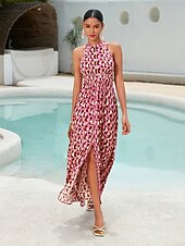 preiswerte Blumenkleider-Damen Resortkleidung Maxikleid Rosa Ärmellos Geometrisch Spitzenbesatz Frühling &amp; Sommer Neckholder Elegant Strandurlaub S M L