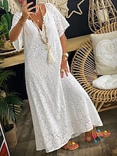 abordables Robe Simple-Robe Maxi Femme Robe A Ligne Uni Vacances Décontractée Boho Extérieur Sortie Ajustement Normal Graphique Manches Courtes Col V Noir Blanc Bordeaux Été