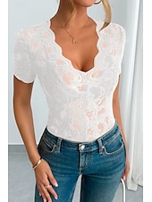 abordables Hauts en dentelle-Femmes Chemisier Hauts en dentelle Uni Élégant Moderne Manche Courte Col en V Hauts Réguliers Fête Sortir Dentelle Noir Blanche Vert Été