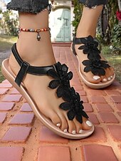 preiswerte Urlaubsandalen-weiße, flache Sandalen mit Blumenmuster für Damen – Spitzenblumendesign mit elastischem Riemen an der Rückseite für Sommerhochzeiten am Strand und lässige Tagesoutfits