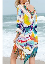 cheap Beach Dresses-Women&#039;s Swimwear Cover Up Swimsuit Fringe Hem Tropical Beach Wear Flower V Wire Long Sleeve Bathing Suits