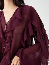 abordables Hauts sexy pour femmes-Femmes Chemise Chemisier Uni Élégant Moderne manche longue Col en V Hauts Réguliers Fête Sortir Superposé Vin Été
