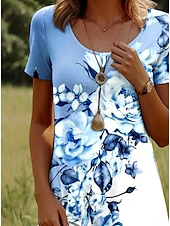 billiga Blommig klänning-Dam Mini klänning Vardagsklänning T shirtklänning Solklänning A linjeklänning Stylish Ledigt Strand Normal Nyans Blommig Grafisk Kortärmad Rund hals Rundhals Dammig blå Ljusblå Sommar Vår