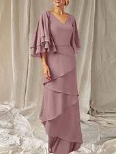 economico Lunghezza del pavimento-Abito Due Pezzi A-Line Madre della Sposa Ospite Matrimonio Elegante Inclusa Fascia V Collo Lunghezza del Pavimento Chiffon Manica Mezza Fascia Inclusa con Volant