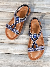 olcso Nyári szandálok-női kék strassz t-pántos lapos szandál – boho drágakőből készült felbújós nyári cipő strandra és hétköznapi viseletre