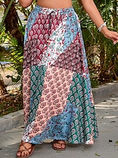 billige Boho skjørt-Dame الالتفاف Fritid Bohem Maksi Mellomhøyt liv Skjørt Blomstret Trykt mønster Mikroelastisk Feriereise Gate Rød Blå Sommer Polyester