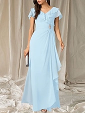 abordables Robes pour invitées de mariage-Robes de fête pour invité de mariage A-Line robe élégante longueur de sol à manches courtes décolletée en V en chiffon avec plis et volants