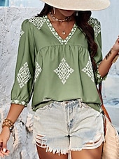 baratos Tops Boho Femininos-Mulheres Blusa Geométrica Boêmia Casual Manga 3/4 Manga Princesa Decote V Tops regulares Diário Imprimir Rosa Azul Marinha Roxo Verde Verão Primavera