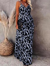 preiswerte Streifen- und geometrische Kleider-Damen Maxikleid A Linie Kleid Unterkleid Urlaub Lässig Boho Outdoor Ausgehen Strand Standard Passform Grafik Geometrisch Ärmellos Spaghettiträger Weiß Leicht Braun Blau Grau Sommer
